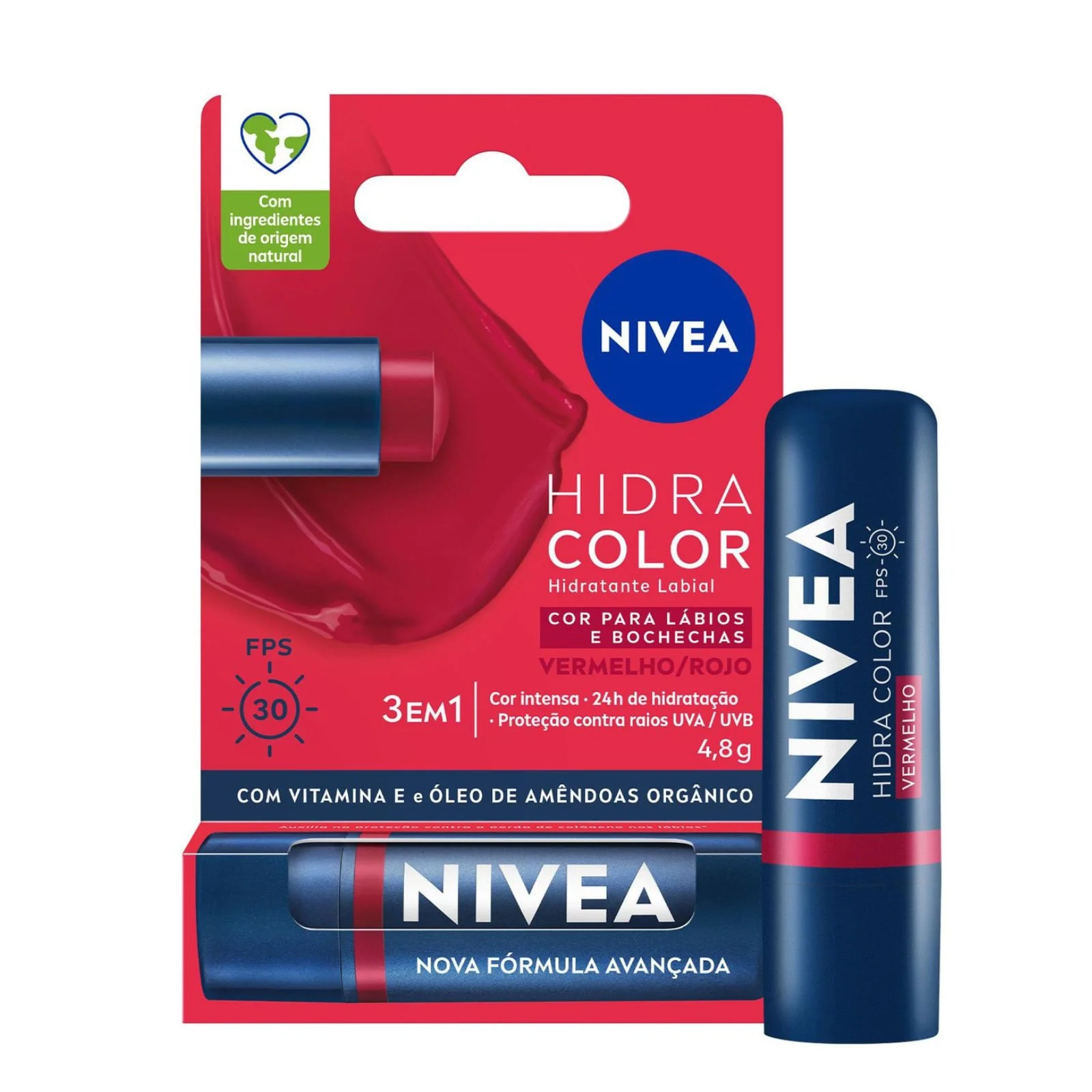 Hidratante Labial Nivea Hidra Color 3 Em 1 Vermelho FPS 30 4,8g