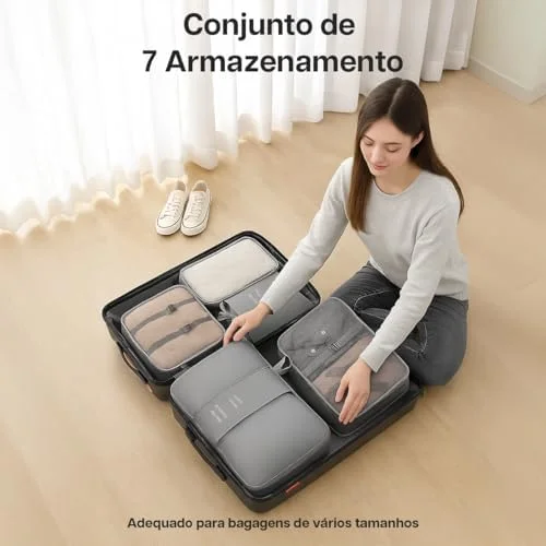Organizador Viagem Kit 7 Peças - Necessaire para Bagagem Malas Roupas Bolsa Cosméticos Higiene - Dobrável Impermeável Multiuso Feminina Masculina Unissex Grande Compacto Prático (BEGE)