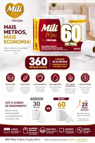 Mili Papel Higiênico Folha Dupla Max Neutro, Picotado e Texturizado, 6 Rolos de 60 metros