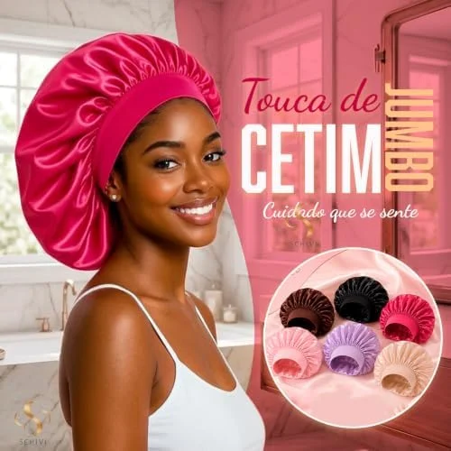 Touca de Cetim com Faixa Elástica Larga Anti Frizz Para Dormir Confortável - Tamanho Grande - Todos os Tipos de Cabelo Liso Crespo Ondulado Cacheado Longos Black Power - Material Premium