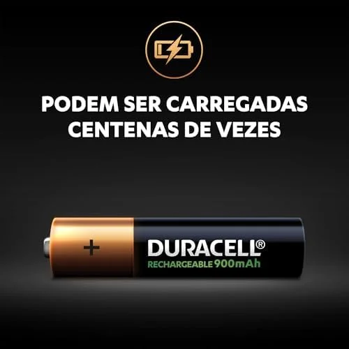Duracell Pilha Recarregável AAA 900mAh Palito Com 4 Unidades – Ideal para Câmeras Digitais e Dispositivos de Alto Consumo