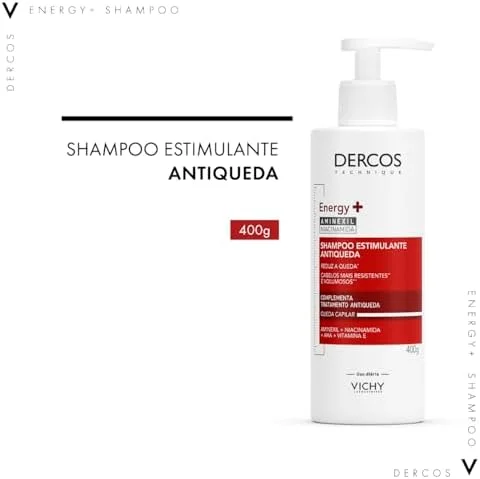 Vichy Dercos Energy+, Shampoo Estimulante, Tratamento Antiqueda para Cabelos Fracos e Quebradiços, Fortalece os Fios com Aminexil, Niacinamida e Vitamina E, 400g