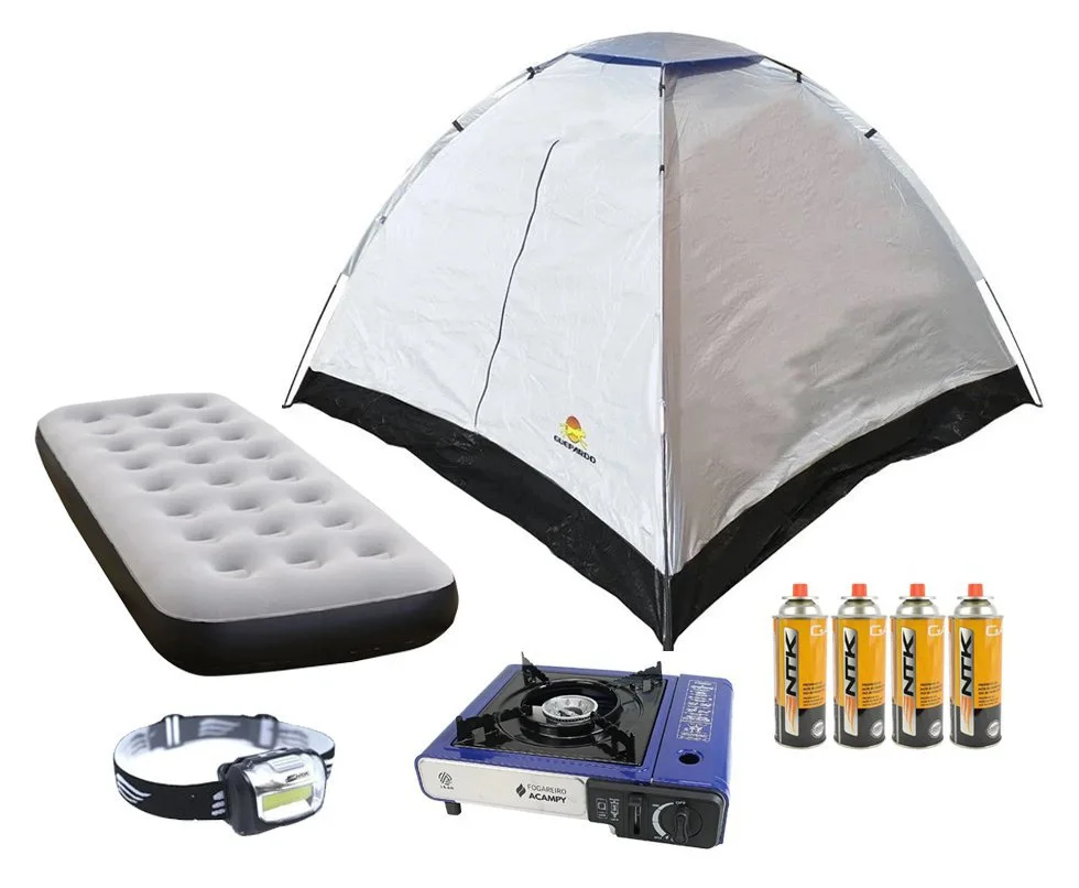 Barraca Atena 4 Pessoas - Guepardo + 2 Sacos de Dormir + Colchão Inflável Casal + Lanterna de Cabeça + Fogareiro + Refil Gás