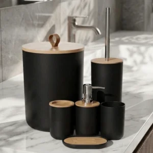 Kit Banheiro 6 Peças Elegance Preto Com Detalhes Em Bambu