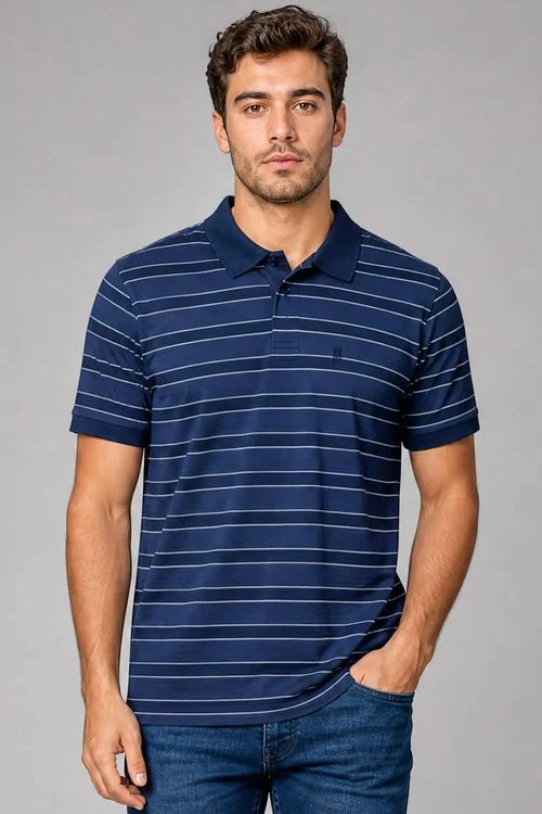 Polo Piquet Masculina Listrada Polo Wear Azul Escuro