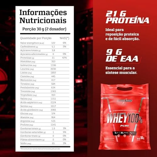 Integralmédica - Whey Protein Concentrado Baunilha 100% Pure - 20g de Proteína por Scoop, Suplementação Alimentar Pós-Treino, Fórmula Enriquecida com BCAAs - 900g
