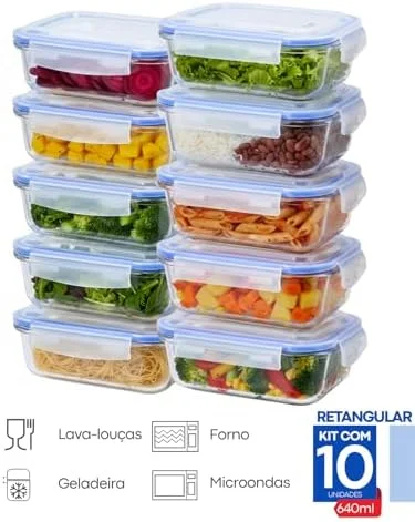 Kit 10 Potes Herméticos de Vidro 640 ml Retangular 4 Travas Marmita Livre de Vazamentos