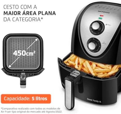MONDIAL Fritadeira Sem Óleo Grand Family Inox - 5L, 220V, Preto, 1900W - AFN-50-BI