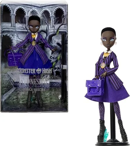 Monster High x Boneca de quarta-feira e acessórios, Bianca Barclay colecionável em uniforme da academia Nevermore com amuleto de sirene, mochila e suporte de boneca, JDR71