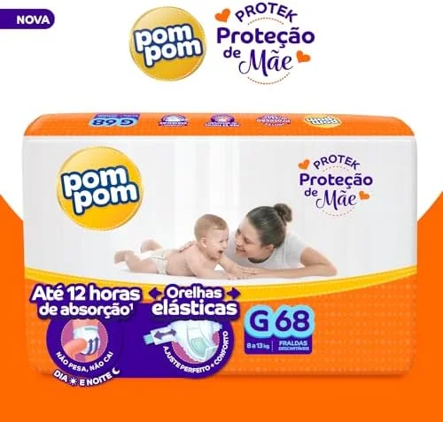 Fralda Pom Pom Protek Proteção de Mãe Hiper G 68 Unidades