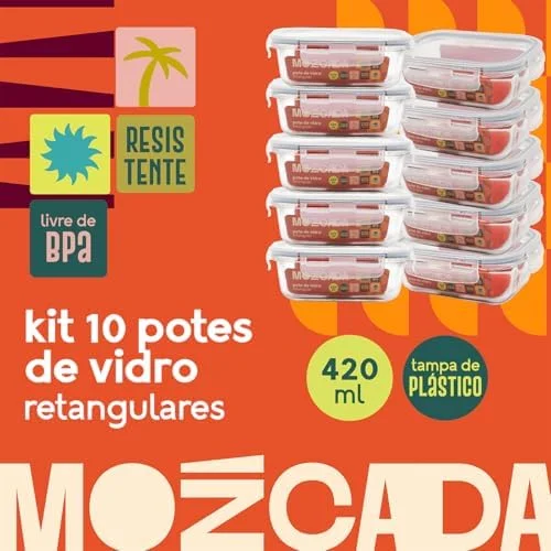 Mozcada - Kit 10 Potes de Vidro Marmita 420ml Hermético com Trava Retangular
