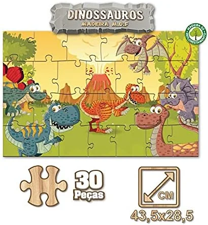 Pais & Filhos - Quebra Cabeça Dinossauros - 30 Pçs - Madeira, Multicor