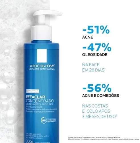 La Roche-Posay Effaclar Gel de Limpeza Facial Antiacne Concentrado com Ácido Salicílico, Zinco e LHA, Limpeza Profunda, Reduz Oleosidade e Desobstrui os Poros, 300ml