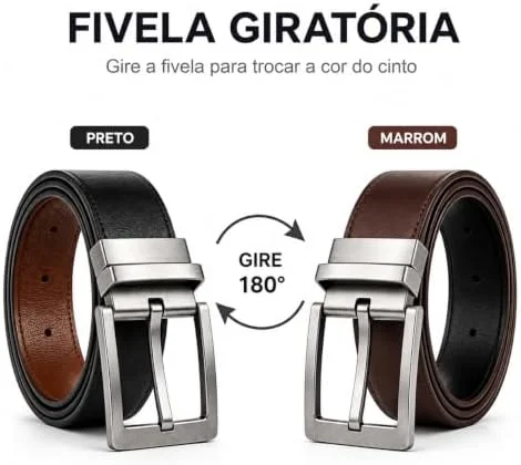 Cinto Social Masculino Dupla Face Preto e Café em Couro Sintético | Ajustável, Elegante, Fivela Reversível | Cinto Masculino Social e Casual