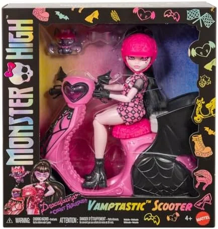 Monster High Draculaura com Scooter, Boneca Articulada com Pet Morcego, Scooter, Cesta, Acessórios e Capacetes Combinando