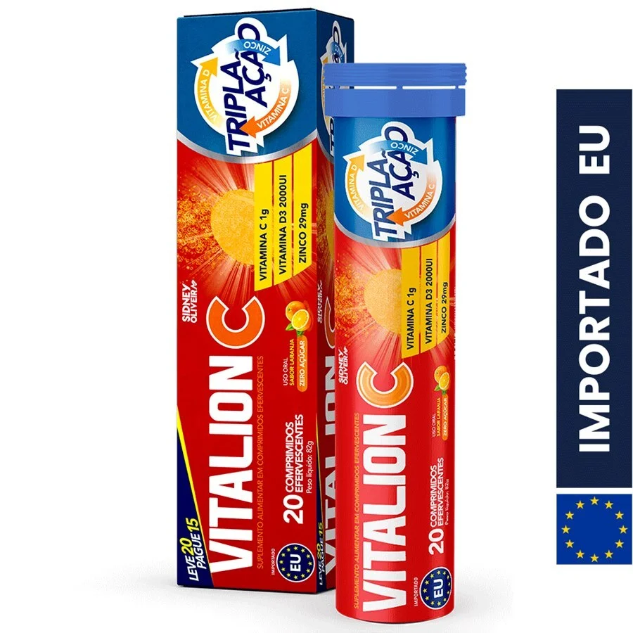 Vitamina C 1000Mg + Zinco 29Mg + D3 2000Ui Vitalion Tripla Ação 20 Comprimidos Efervescentes União Europeia Sidney Oliveira