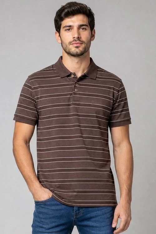 Polo Piquet Masculina Listrada Polo Wear Marrom