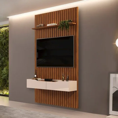 Painel Ripado para Sala TV 60 pol com Bancada Suspensa 143x240cm Facile D05 Freijó - Lyam Decor