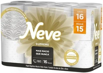Neve Papel Higiênico Supreme Folha Tripla, 20m, Leve 16 Pague 15 Rolos