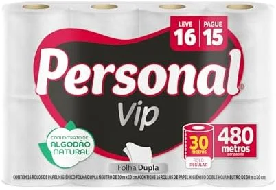 Personal Papel Higiênico Vip Folha Dupla, 16 Unidades Branco (Embalagem Pode Variar)