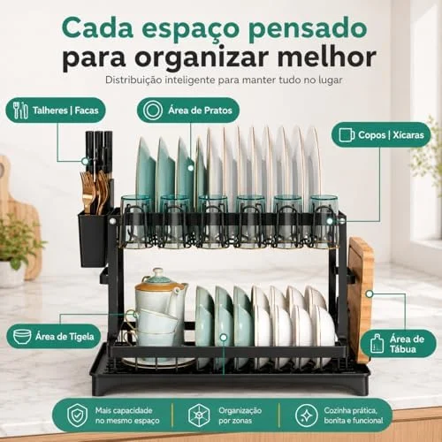 Escorredor de Louça 2 Andares Preto com Drenagem 360°