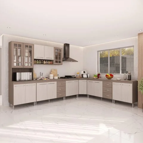 Armário de Cozinha Modulada Completa Fidelitá Paris 7 Peças 600cm 16 Portas 6 Gavetas com Tampo