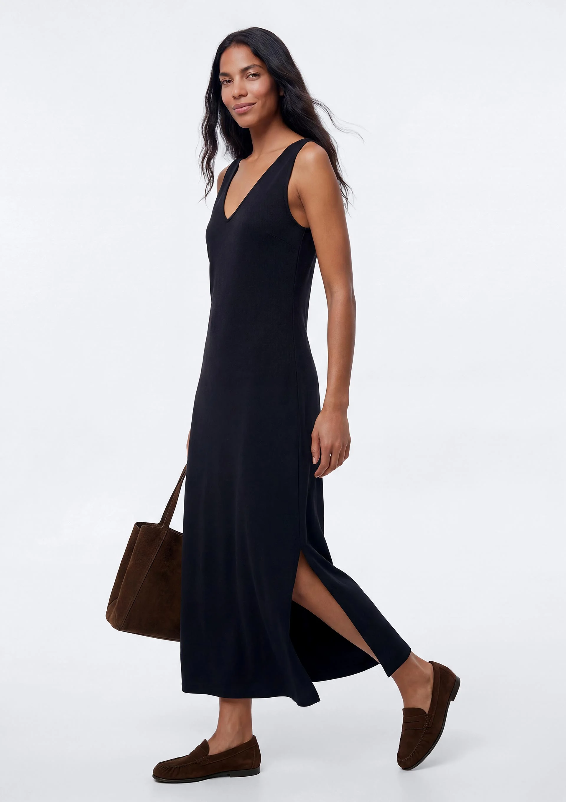 Vestido Midi Evasê Com Elastano - Preto