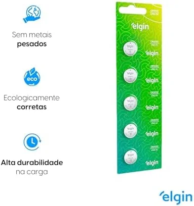 Bateria de Lítio CR2032 Cartela com 5 unidades 3v Elgin - Moeda