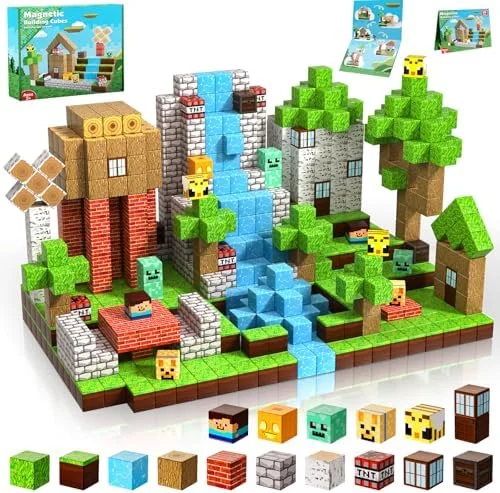 ToyUnited Blocos Magnéticos - 100 Peças De Blocos De Construção Magnéticos, Brinquedos De Cubo Magnético Empilháveis, Conjunto De Construção De Mundo Florestal, Brinquedos Sensoriais Stem Montessori