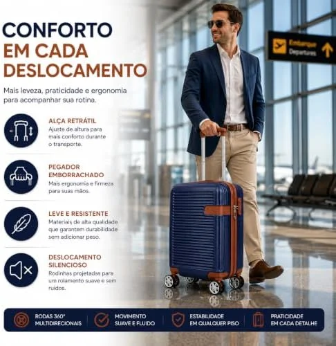 Mala de Viagem Pequena Bordo 360° Rígida com Rodinhas Giro Duplo e Cadeado Integrado, Leve, Resistente e Elegante para Avião e Viagens Curtas (Azul Escuro)