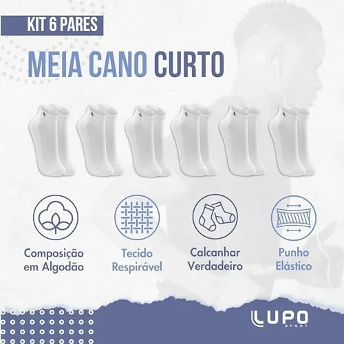 Lupo Kit de meias esportivas de algodão respirável com 6 pares