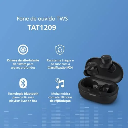 Fone de ouvido sem fio TWS Philips TAT1209BK/00 na cor preto, com bluetooth, microfone, tecnologia IPX4 e 18 horas de reprodução.