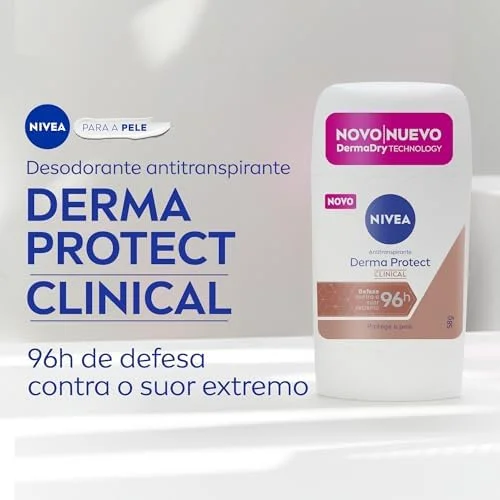 NIVEA Desodorante Antitranspirante Stick Derma Protect Clinical 58g, Defesa Intensa 96h, Controle de Suor Extremo, Toque Suave, Protege a Pele