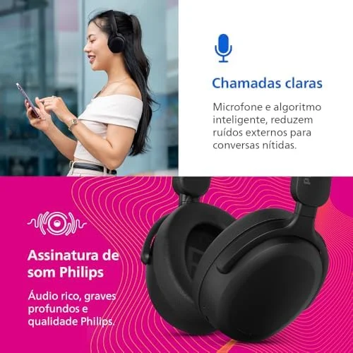 PHILIPS, Headphone Bluetooth, TAH2300BK/00, Com Microfone, Até 55 horas de bateria, Design Over-ear, Dobrável, Preto