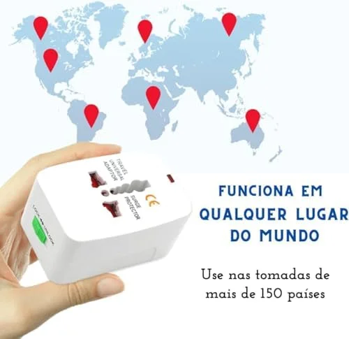 Adaptador de Tomada Universal Para Viagem Padrão Internacional Europa UK Asia EUA JP AU EU Europeu 3 Pinos Mais de 150 Países Bivolt Trava de Segurança Portátil Ajustável Super PREMIUM