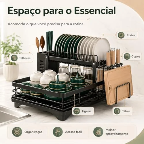 Escorredor de Louça 2 Andares Preto em Aço Inox com Drenagem