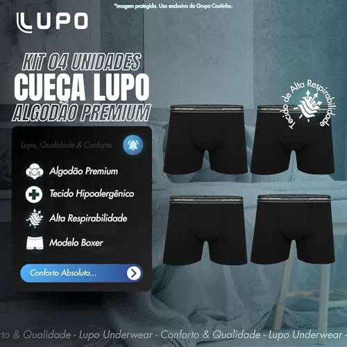 Kit 4 Cuecas Lupo Masculinas Boxer Algodão Macio Confortável Original