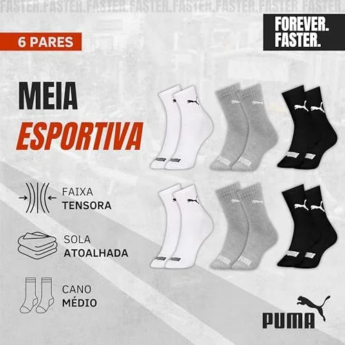 Kit 6 Pares Meia Cano Médio Alto Atoalhada Esportiva Algodão Masculina Feminina Unissex Adulto Academia Dia a Dia Puma