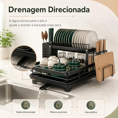 Escorredor de Louça 2 Andares Preto em Aço Inox com Drenagem