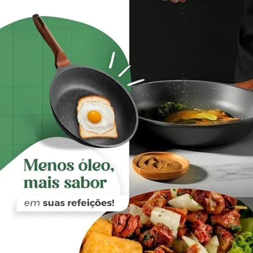Frigideira Grande 24cm Em Cerâmica Cabo De Madeira Fundo Indução Fogão a Gás Elétrico e Indução Saudável Frita Sem Usar Óleo Durável Premium