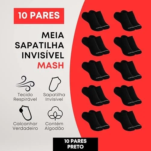 Kit 10 Pares de Meia Soquete Invisível Cano Curto Algodão Respirável Mash