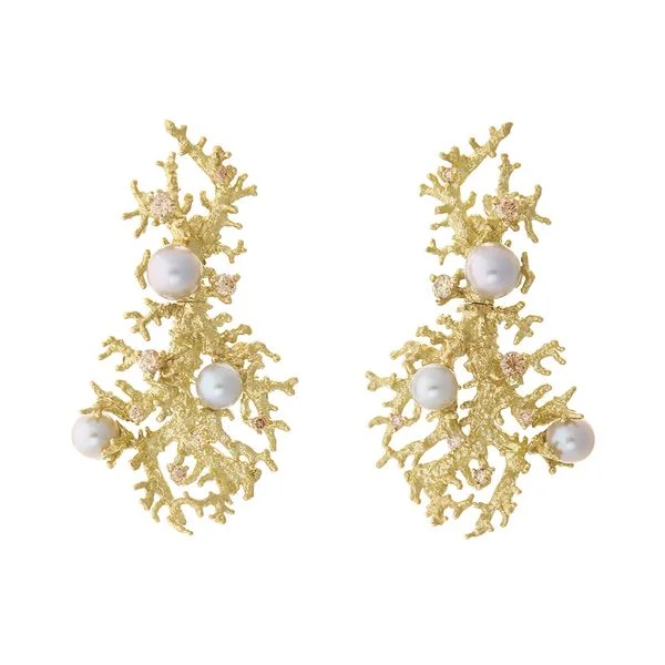 Brincos de ouro amarelo 18K com pérolas e diamantes cognac - Coleção Mar de Voltas