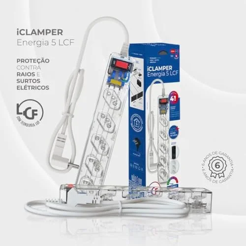 Filtro de Linha CLAMPER iCLAMPER Energia 5, 5 Tomadas, Proteção Contra Surtos Elétricos, 10A, Bivolt, Cabo 1m, Transparente