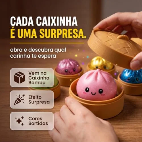 Squishy Anti Stress Paozinho Surpresa Caixinha Bambu Brinquedo Macio Glitter Cores Sortidas Colecionavel 3 Anos