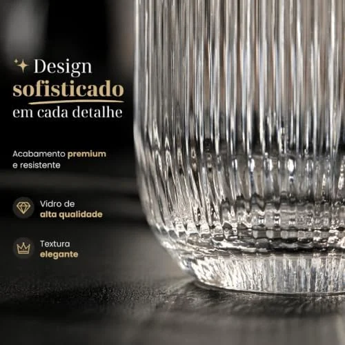 Jogo 6 Copos Vidro Canelado 423ml Elegante Água Suco Refrigerante Drinks