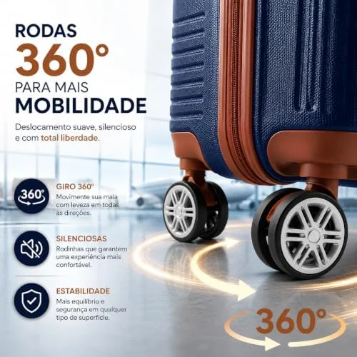 Mala de Viagem Pequena Bordo 360° Rígida com Rodinhas Giro Duplo e Cadeado Integrado, Leve, Resistente e Elegante para Avião e Viagens Curtas (Azul Escuro)