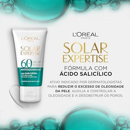 L'Oréal Paris Protetor Facial Solar Expertise Antioleosidade FPS 60, 40g | com Ácido Salicílico, possui Efeito Matte e Controle de Oleosidade por 12h.