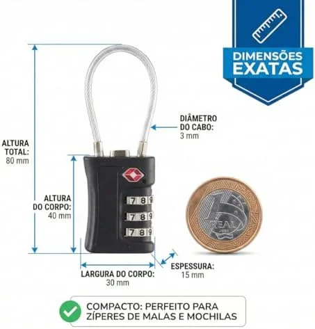 Cadeado com Segredo TSA 3 Dígitos para Mala de Viagem Mochila e Armário de Academia, Trava de Segurança em Aço Reforçado, Cor Preto (Preto)