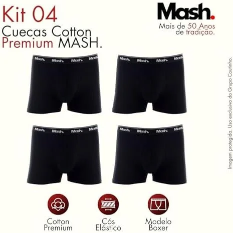 Kit 4 Cuecas Boxer Mash Algodão Cotton Respirável Masculina