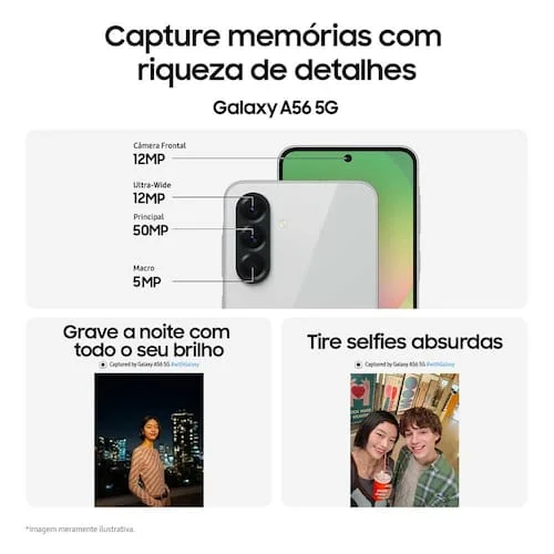 Celular Samsung Galaxy A56 5G 128GB, 8GB RAM, Câmera 50MP, IP67, Super AMOLED 6.7", Recursos AI